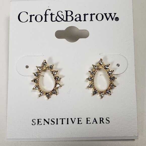 CROFT & BARROW, Women's Polished Gold-tone Hoop Clear Crystals Stud Earrings - Picture 3 of 7